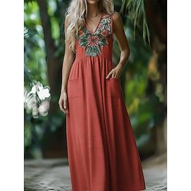 Women's Maxi Dress Boho Dress Floral Dress Vintage Fashion Modern Outdoor Vacation Going out Regular Fit Floral Sleeveless V Neck Red Summer Spring