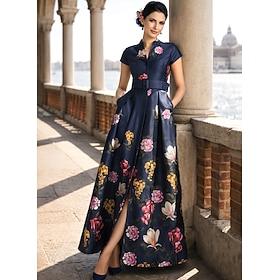 A-Line Floor Length Wedding Guest Dress Formal Dresses Flare Dress Mother of the Bride Dress Short Sleeve V Neck High Split Mother Of The Bride Formal Wedding
