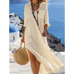 Women's Maxi Dress 100% Cotton Shift Dress Shirt Dress White Dress Casual Daily Vacation Loose Fit Plain 3/4 Length Sleeve V Neck Black White Pink Navy Blue Su
