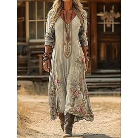 Women's Maxi long Dress Boho Dress Vintage Dress Casual Dress Vintage Daily Outdoor Vacation Loose Fit Floral Long Sleeve V Neck Blue Navy Blue Purple Green Sp