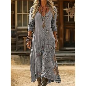 Women's Midi Dress Boho Dress Vintage Dress Casual Dress Vintage Daily Outdoor Vacation Loose Fit Floral Long Sleeve V Neck Black Light Green Purple Green Spri