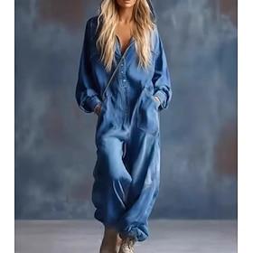Women's Dungarees Elegant Long Sleeve V Neck Daily Vacation Loose Fit Blue Black Navy Blue Spring