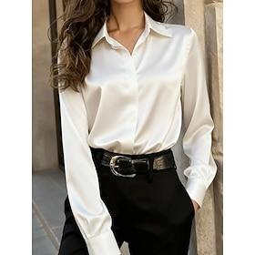 Women's Blouse Satin Shirt Buttons Solid Color Elegant Stylish Casual Long Sleeve Shirt Collar Regular Tops Office Work Black White Navy Blue Gray Spring Fall