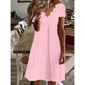 Women's Knee Length Dress A Line Dress Summer Dress Casual Regular Fit Plain Short Sleeve V Neck Blue White Yellow Pink Summer Spring