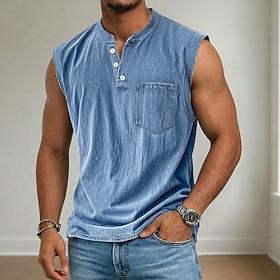 Men's Vintage Tank Top 100% Cotton Acid Wash Vest Top Undershirt Sleeveless Shirt Sleeveless Henley Summer Plain Fashion Designer Basic Pocket Buttons Vacation