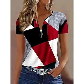 Women's T Shirt Zipper Quarter Zip Graphic Geometric Abstract Vintage Tropical Hawaiian Short Sleeve Crew Neck Regular Tops Beach Wedding Daily Sports Blue Bla