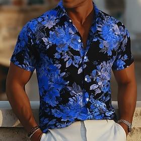 Men's Floral Print Tropical Flowers Neon Glow Summer Hawaiian Shirt Button Up Shirt Aloha Shirt Short Sleeve Hawaiian Vacation Beach Wear Summer Spring Turndow