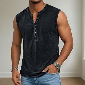 Men's Tank Top Henley Shirt Sleeveless Henley Summer Spring Print Vintage Casual Garment Dyed Buttons Casual Vacation Black White Yellow Top Tee for Men