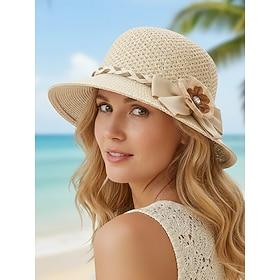 Women's Foldable Bohemian Straw Sun Hat – Lightweight Breathable Polyester Beach Cap with Floral Bow, Multiple Colors for Summer Vacation, Casual Daily Wear am