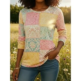 Women's Boho Shirt T Shirt Print Floral Graphic Bohemia Vintage Classic Long Sleeve Crew Neck Regular Tops Daily Weekend Vacation Wear Yellow Summer Spring Fal