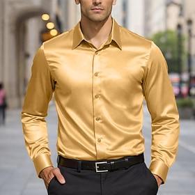 Men's Shirt Satin Shirt Dress Shirt Button Up Shirt Prom Shirt Solid Color Wedding Formal Blue Silver Black White Long Sleeve Turndown All Seasons Clothing App