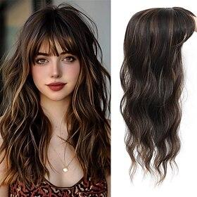 Hair Topper 360 3D Hair Toppers for Women with Thinning Crown 20 Inch Long Wavy Curly Hair Pieces Clip in Bangs Dark Brown Mixed Chestnut 20 inch French Bangs