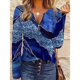 Women's T Shirt Zipper Print Graphic Geometric Abstract Vintage Fashion Stylish Long Sleeve Crew Neck Regular Tops Daily Blue Pink Purple Spring Fall