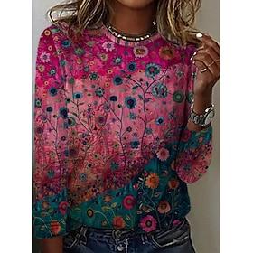 Women's T Shirt Print Floral Graphic Plants Bohemia Vintage Stylish Long Sleeve Crew Neck Regular Tops Daily Weekend Vacation Wear Blue Black Yellow Red Purple