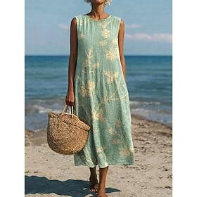 Women's Midi Dress Shift Dress Sundress A Line Dress Vacation Casual Boho Beach Party Going out Loose Fit Floral Graphic Sleeveless Crewneck Light Yellow Deep