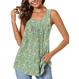 Women's Blouse Ruched Print Floral Active Casual Sleeveless Crew Neck Long Tops Daily Holiday Going out Light Green Sky Blue Summer Spring