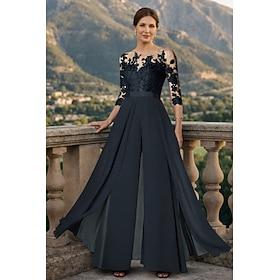 Jumpsuit Pantsuit Ankle Length Mother of the Bride Dress 3/4 Length Sleeve Scoop Neck Elegant Party Formal Wedding Guest Chiffon Lace with Appliques