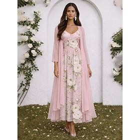 Women's Dress Set A Line Dress Elegant Vacation Floral Graphic Layered Print Maxi Dress 3/4 Length Sleeve V Neck Formal Pink Purple Green Summer Spring Regular