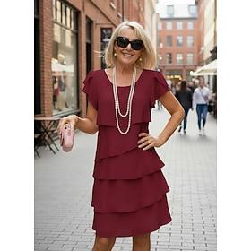 Women's Mini Dress Cocktail Dress Wedding Guest Dress Chiffon Dress Tiered Dress Elegant Evening Party Date Going out Regular Fit Pure Color Short Sleeve Crew