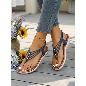 Women's Strappy Thong Sandals with Cushioned Footbed, Elastic Slingback Flat Sandals, Casual Summer Comfort Style for Women, Walking, Vacation, Beach, Travel