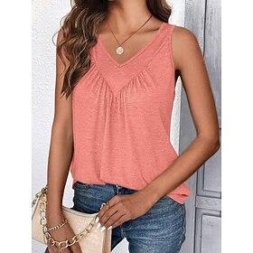 Women's Tank Top Ruched Plain Fashion Stylish Classic Sleeveless V Neck Regular Tops Daily Going out Weekend Black White Pink Red Purple Summer Spring