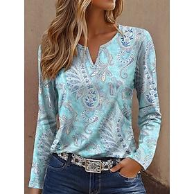 Women's T Shirt Print Graphic Paisley Vintage Fashion Casual Long Sleeve Notched Neck Regular Tops Daily Blue Pink Purple Green Summer Spring