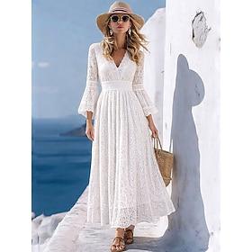 Women's Maxi Dress White Lace Dress A Line Dress Casual Outdoor Going out Standard Fit Solid Color Long Sleeve V Neck White Summer Spring Fall