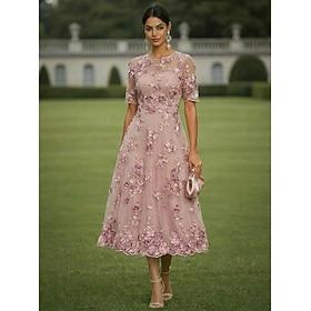 A-Line Dress Ankle Length Tea Length Party Dress Cocktail Dress Mother of the Bride Dress Short Sleeve Crew Neck Illusion Neck Elegant Vintage Luxurious Formal