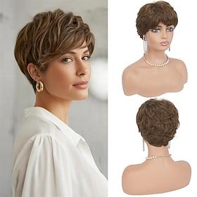 Brown Pixie Wigs for Women - Short Natural Layered Haircut Synthetic Heat Resistant Hair Wig for Daily Costume