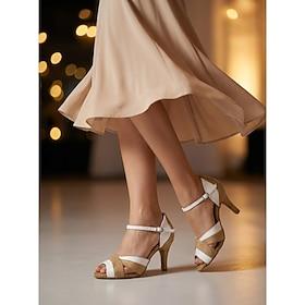 Women's Latin Dance Shoes with Beige and White Straps - Professional Dance Footwear for Performance  Practice