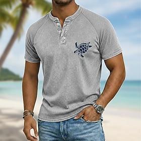 Men's Vintage Turtle Washed Cotton Shirt Henley Top Acid Wash Shirt Short Sleeve Vintage Designer Casual Casual Daily Outdoor Summer Spring All Seasons Light B
