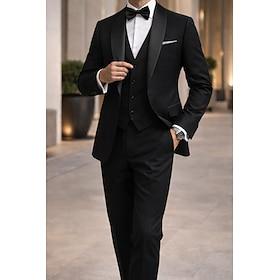 Men's Party Wedding Tuxedos Party Dark Grey Black Solid Colored Standard Fit 3 Piece Single Breasted One-button