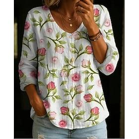 Women's Blouse Buttons Print Floral Elegant Vacation Stylish Long Sleeve Crew Neck Regular Tops Daily Blue White Pink Purple Green Summer Spring Fall