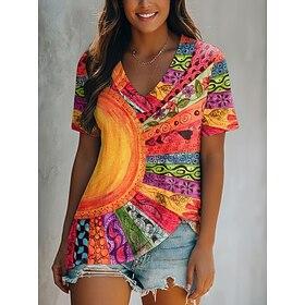 Women's T Shirt Print Floral Graphic Color Block Vintage Casual Boho Short Sleeve V Neck Regular Tops Daily Orange Summer Spring