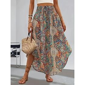 Women's Vacation Skirt Elegant Bohemia Fashion Casual Maxi Mid Rise Skirts Graphic Drawstring Elastic Waist Irregular Hem Micro-elastic Daily Vacation Blue Bla