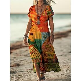 Women's Maxi long Dress Boho Dress Casual Dress A Line Dress Print Dress Vintage Outdoor Vacation Weekend Loose Fit Color Block Short Sleeve V Neck Rainbow Sum