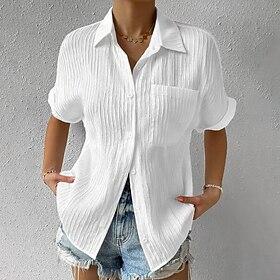 Women's Shirt Casual Shirt Button Up Shirt Blouse Ruched Buttons Solid Color Vacation Fashion Classic Short Sleeve Turndown Regular Tops Streetwear Work Holida