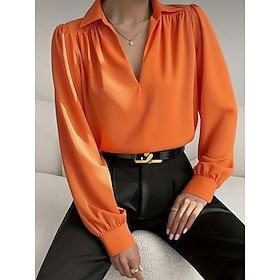 Women's Shirt Blouse Ruched Plain Stylish Classic Modern Long Sleeve V Neck Regular Tops Daily Work Holiday Orange Summer Spring