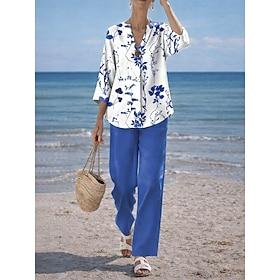 Women's Two Piece Sets Pants Sets Bolero 3/4 Length Sleeve V Neck Floral Graphic Print Daily Stylish Casual Daily Beach Blue Yellow Purple Summer Regular Fit