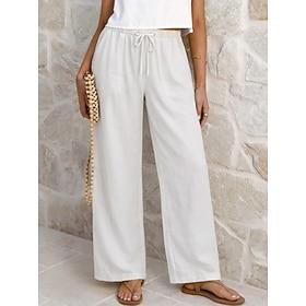 Women's Linen Pants Trousers Summer Pants Beach Pants Vacation Fashion Basic Full Length Medium Waist Plain Drawstring Elastic Waist Straight Leg Lightweight B