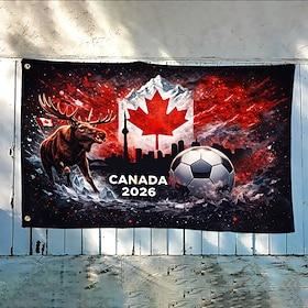 Canada 2026 Flag - Showcasing Majestic Moose, Iconic Maple Leaf, Soccer Ball  Cityscape, Striking Artwork, Quality Fabric