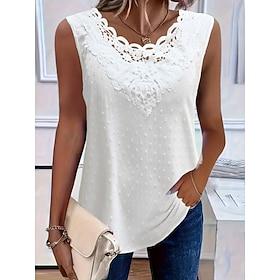 Women's Tank Top Lace Tops Lace Patchwork Plain Fashion Stylish Classic Sleeveless Crew Neck Regular Tops Daily Going out Weekend White Purple Summer Spring