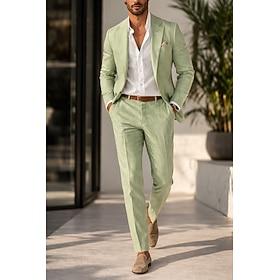 Men's Tuxedos Linen Suits Beach Wedding Casual Sage Lilac Spring, Fall, Winter, Summer Suit Lightweight Solid Colored Standard Fit 2 Piece Single Breasted One-