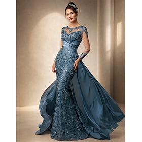 Mermaid Trumpet Sweep Brush Train Wedding Guest Dress Formal Dresses Evening Gown Mother of the Bride Dress Long Sleeve Jewel Neck Elegant Wedding Guest Formal