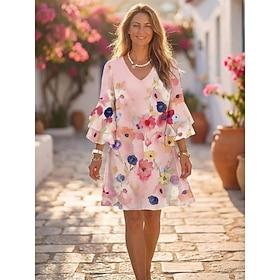 Women's Mini Dress Sundress A Line Dress Vacation Casual Boho Party Regular Fit Floral Graphic 3/4 Length Sleeve V Neck Blue Yellow Pink Purple Summer Spring