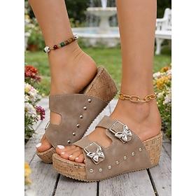 Women's Khaki Wedge Sandals – Cork Heel Summer Slides with Studs  Bow Buckle for Garden, Vacation  Casual Wear