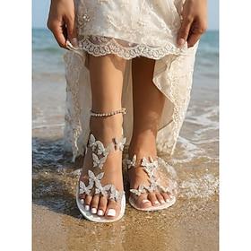 Women's White Bridal Sandals - Elegant Beach Wedding Shoes with Rhinestone Butterflies