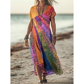 Women's Midi Dress Boho Dress Casual Dress A Line Dress Print Dress Vintage Outdoor Vacation Weekend Regular Fit Color Block Short Sleeve V Neck Rainbow Summer