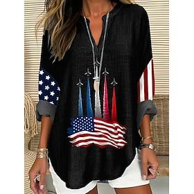 American Independence Day Women's Blouse Print Graphic Flag Vintage Tropical Hawaiian Long Sleeve V Neck Regular Tops Daily Holiday Beach Wear Blue Black White