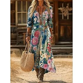 Women's Maxi Dress Boho Dress Vintage Dress Casual Dress Vintage Daily Outdoor Vacation Regular Fit Floral Long Sleeve V Neck Blue Wine Orange Spring Autumn